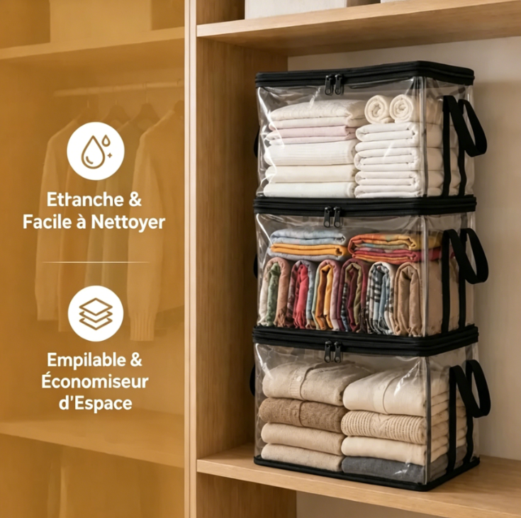 Bacs de rangement en PVC transparent avec poignées – pour livres, jouets, médias et organisation