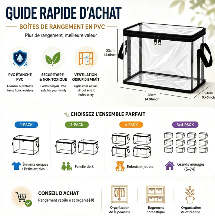 Bacs de rangement en PVC transparent avec poignées – pour livres, jouets, médias et organisation