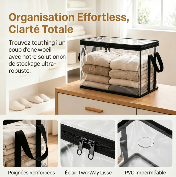 Bacs de rangement en PVC transparent avec poignées – pour livres, jouets, médias et organisation