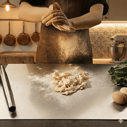 Planche à découper en acier inoxydable avec protection antidérapante, bord sécurisé et surface résistante pour la cuisine et la pâtisserie