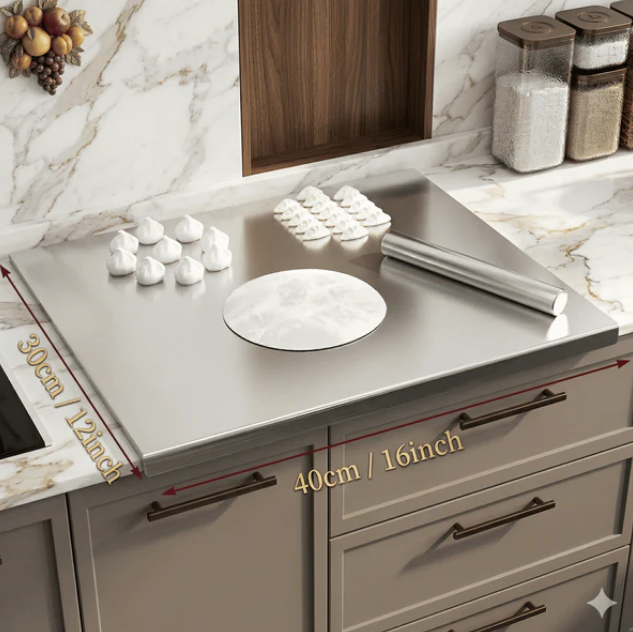Planche à découper en acier inoxydable avec protection antidérapante, bord sécurisé et surface résistante pour la cuisine et la pâtisserie