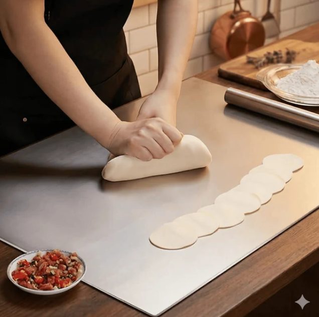 Planche à découper en acier inoxydable avec protection antidérapante, bord sécurisé et surface résistante pour la cuisine et la pâtisserie