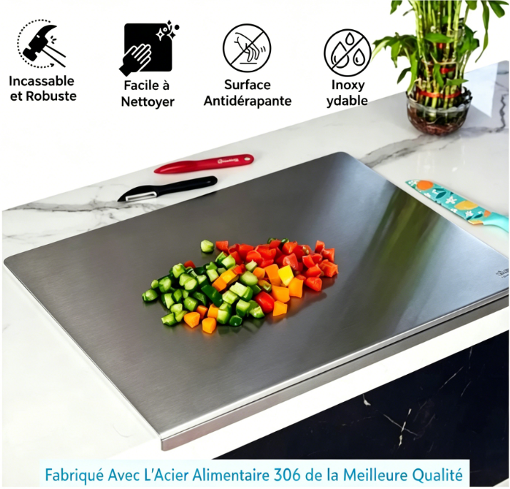 Planche à découper en acier inoxydable avec protection antidérapante, bord sécurisé et surface résistante pour la cuisine et la pâtisserie