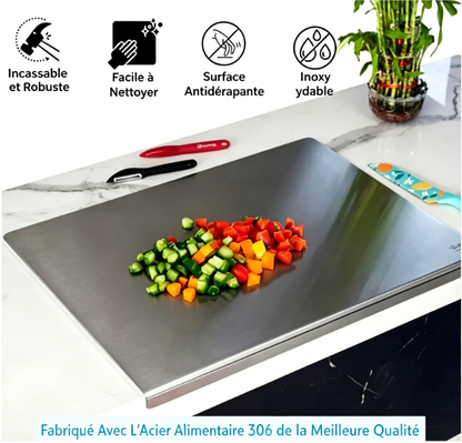 Planche à découper en acier inoxydable avec protection antidérapante, bord sécurisé et surface résistante pour la cuisine et la pâtisserie