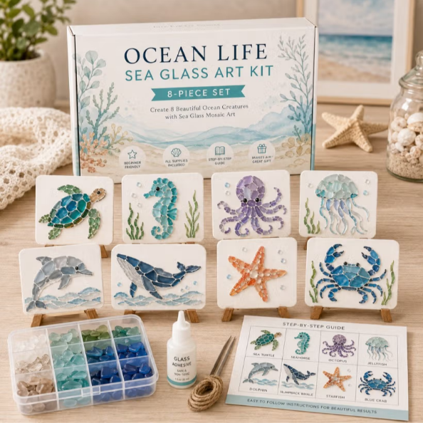 🌊✨DIY Sea Glass Mosaic Craft Kit-Features Marine Life and Garden Art