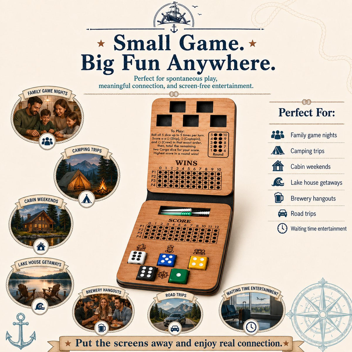 🔥 Last Day 50% OFF✨-⚓Ship, Captain, Crew Wooden Dice Game for Family Fun & Travel 🎲