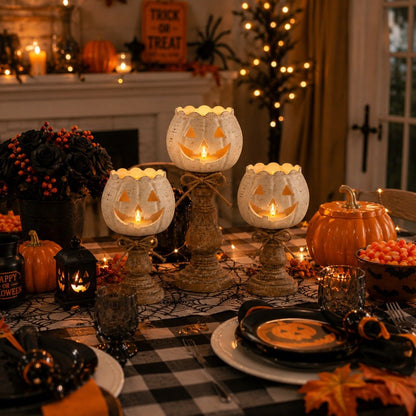 🎃 Last Day 50% OFF✨-🕯️ Set of 3 White Pumpkin Candle Holders for Cozy Autumn Home Decor ✨