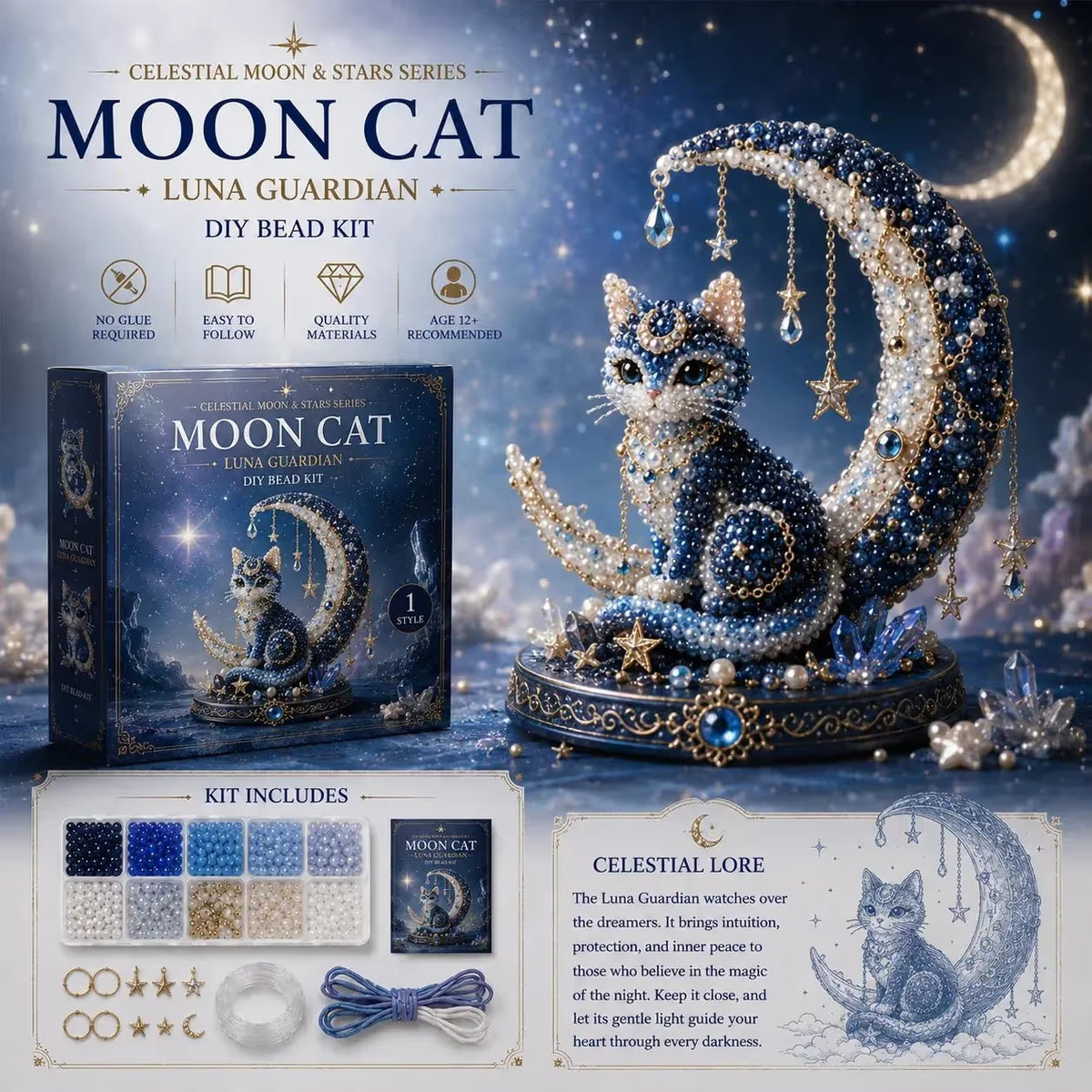 ⏰LAST DAY 50% OFF❤️ -🌙Moon Cat Luna Guardian DIY Bead Kit for Magical Celestial Crafting 🐈‍⬛