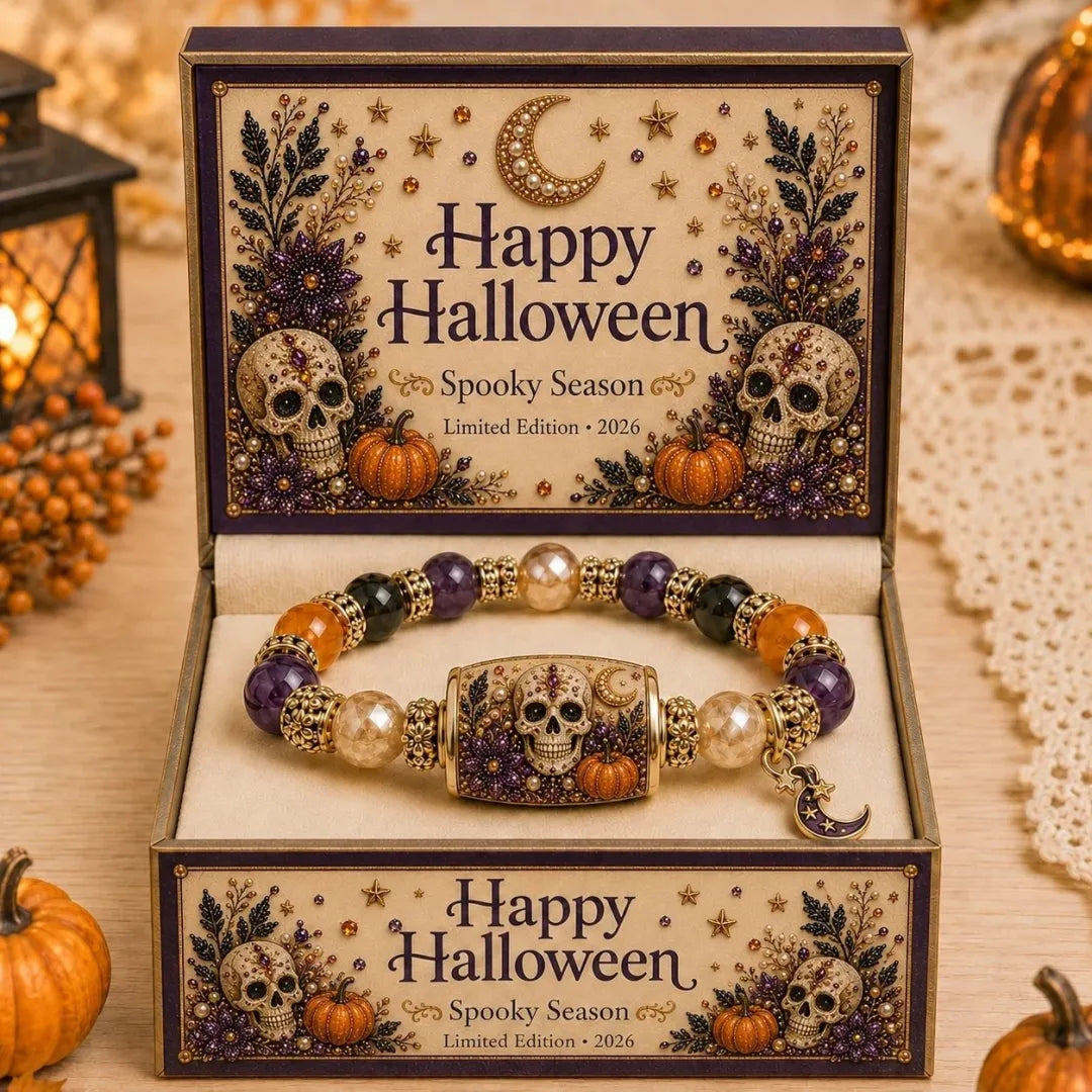 ⏰Last day Promotion 🔥-🎃 Halloween Beaded Bracelet – Black Cat & Pumpkin Charm Spooky Season Jewelry Gift