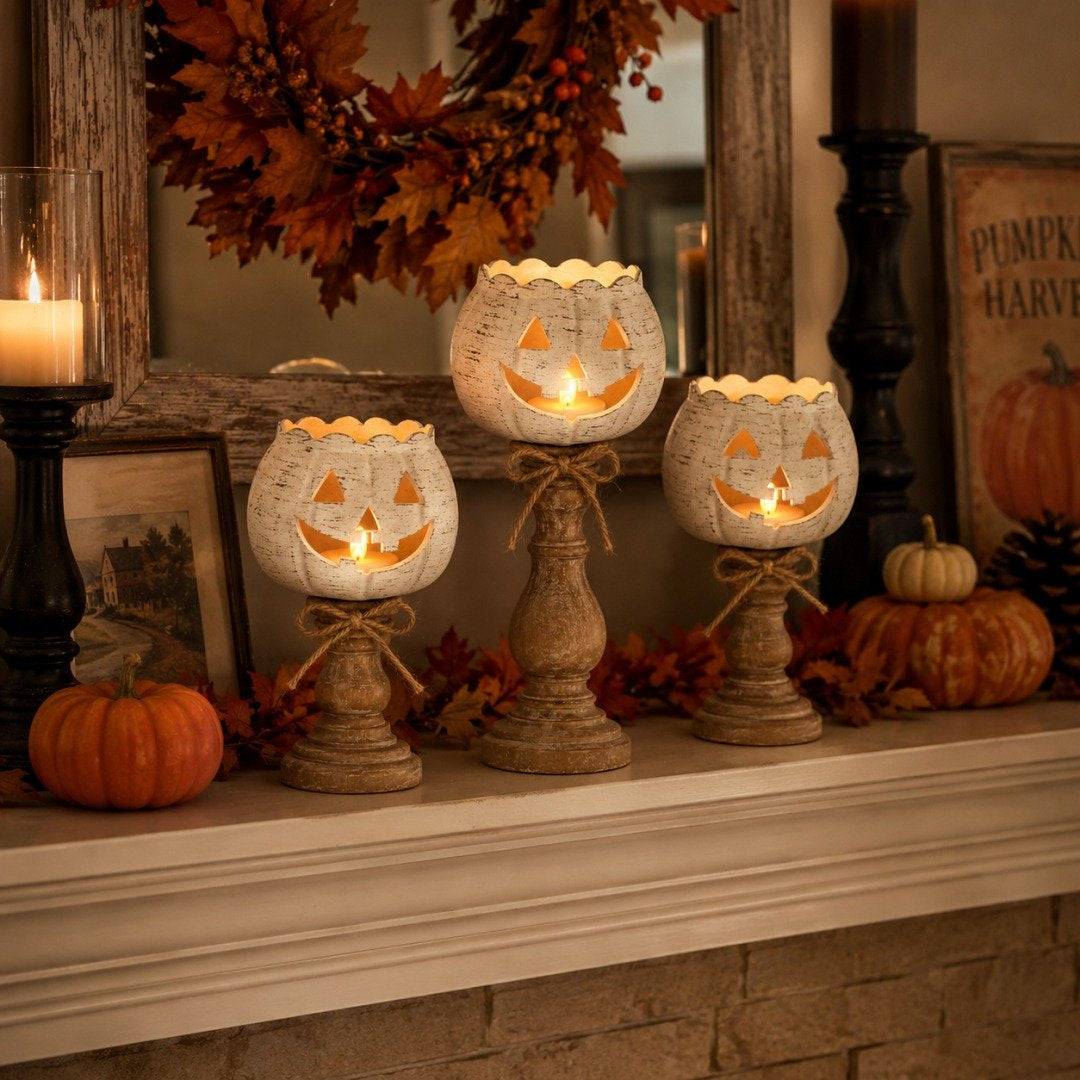 🎃 Last Day 50% OFF✨-🕯️ Set of 3 White Pumpkin Candle Holders for Cozy Autumn Home Decor ✨