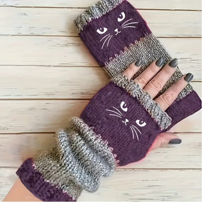 🐱 Cute Cat Knitted Fingerless Gloves Warm Touchscreen Winter Gloves for Women