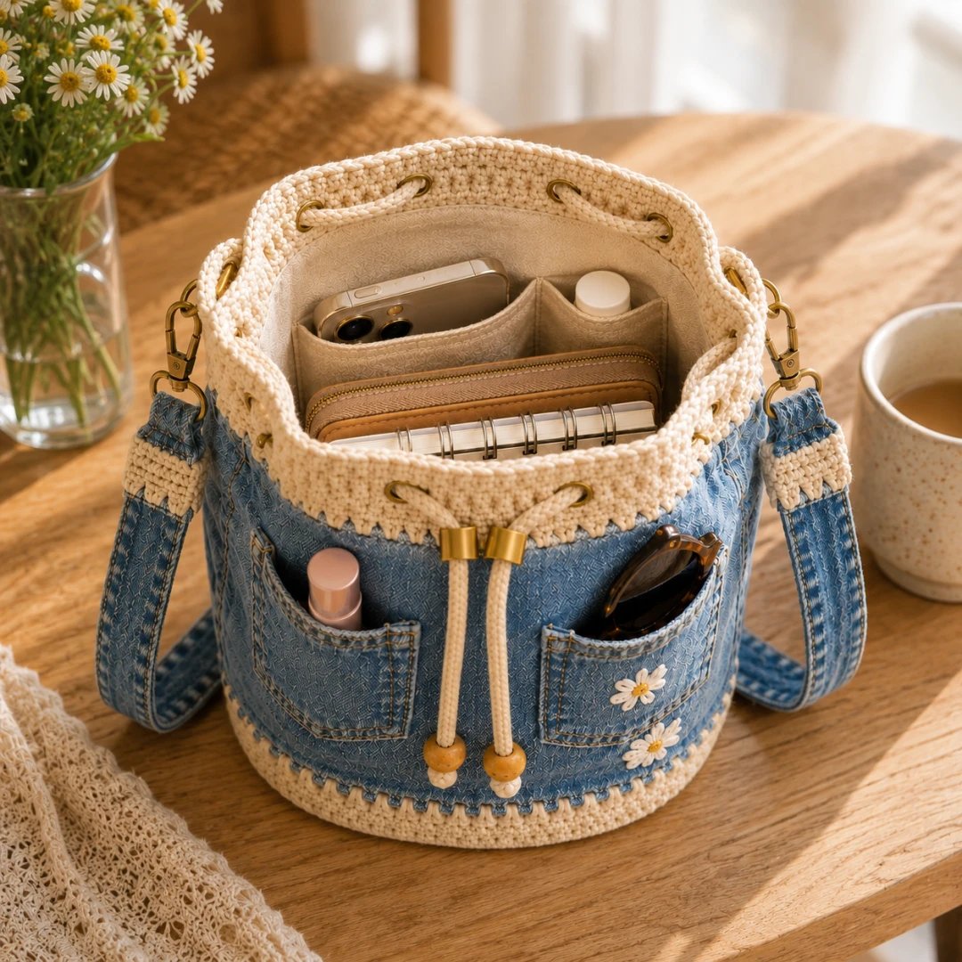 ✨ Hot Sale 50% -✨👜Handmade Denim Crochet Bucket Bag