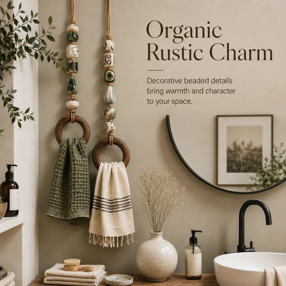 🏠Last day Promotion 🔥-🧺Beaded Towel Hanger with Wooden Ring for Stylish & Easy Bathroom Decor ✨