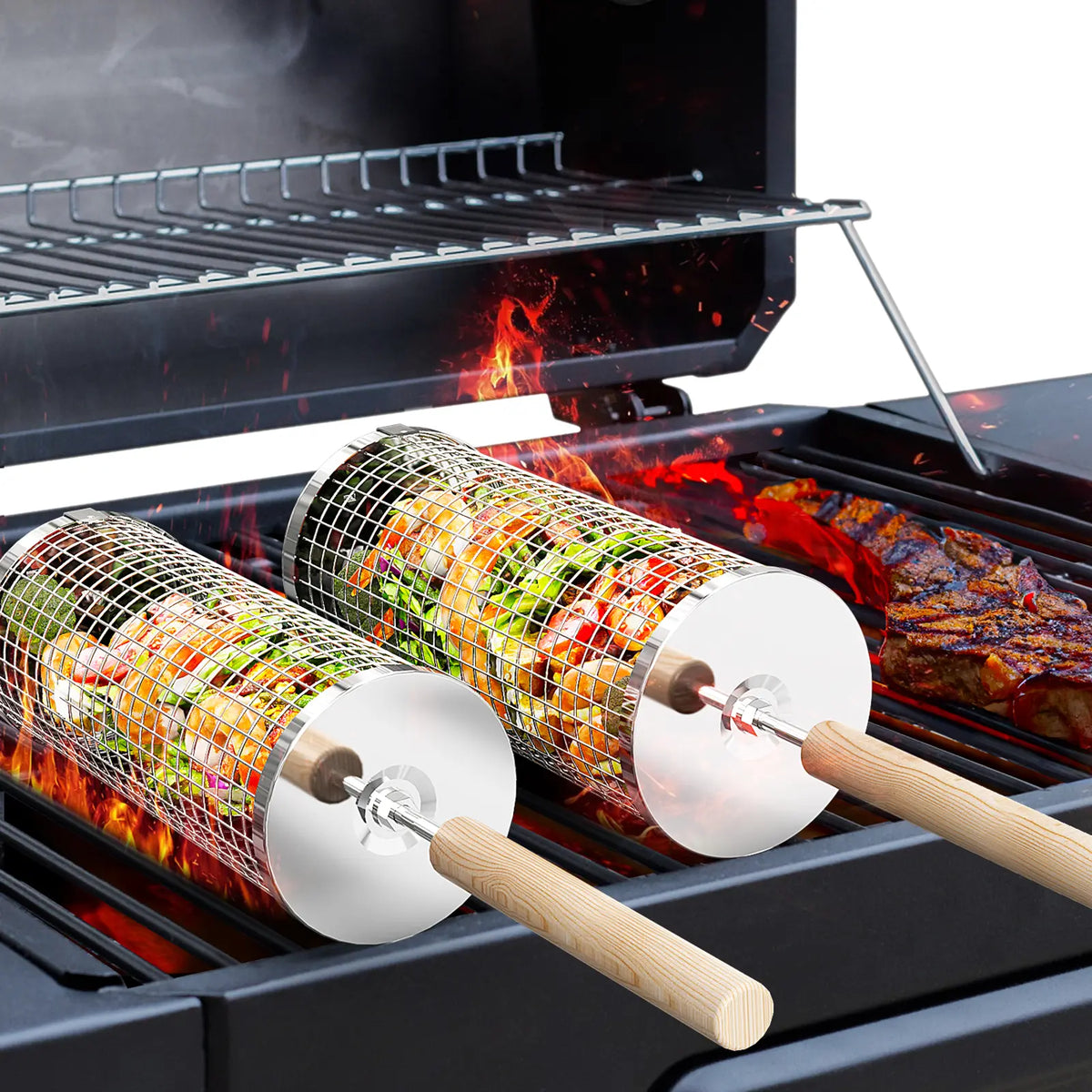 Round cylindrical stainless steel grill baskets with wooden handles on a barbecue
