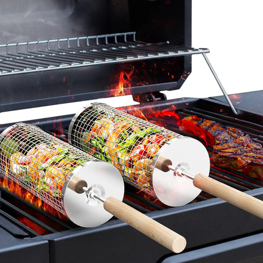 🍖 Effortless BBQ Grilling – 304 Stainless Steel Rolling Grill Baskets 🔥