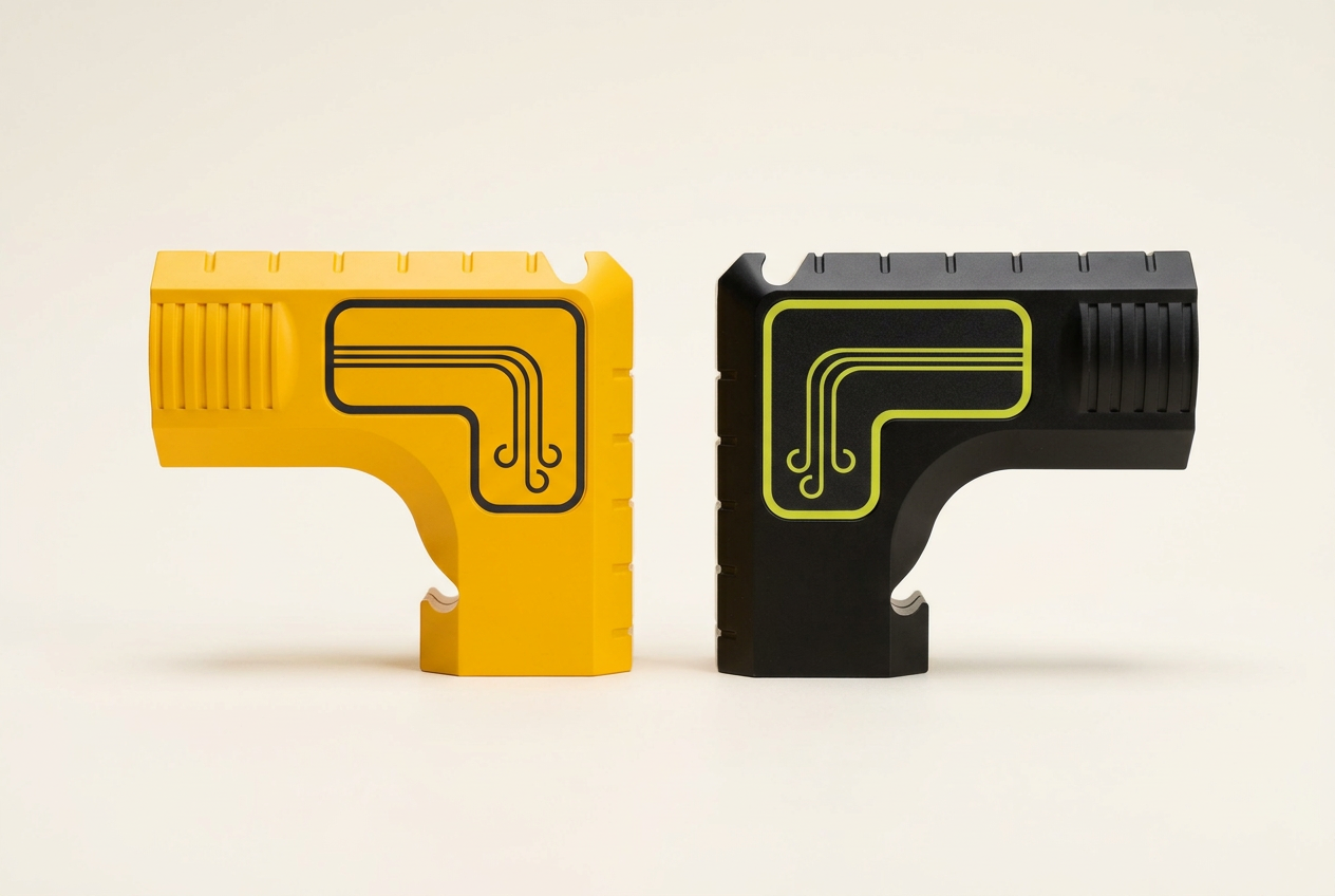 Yellow and black dust extraction adapters shown side by side