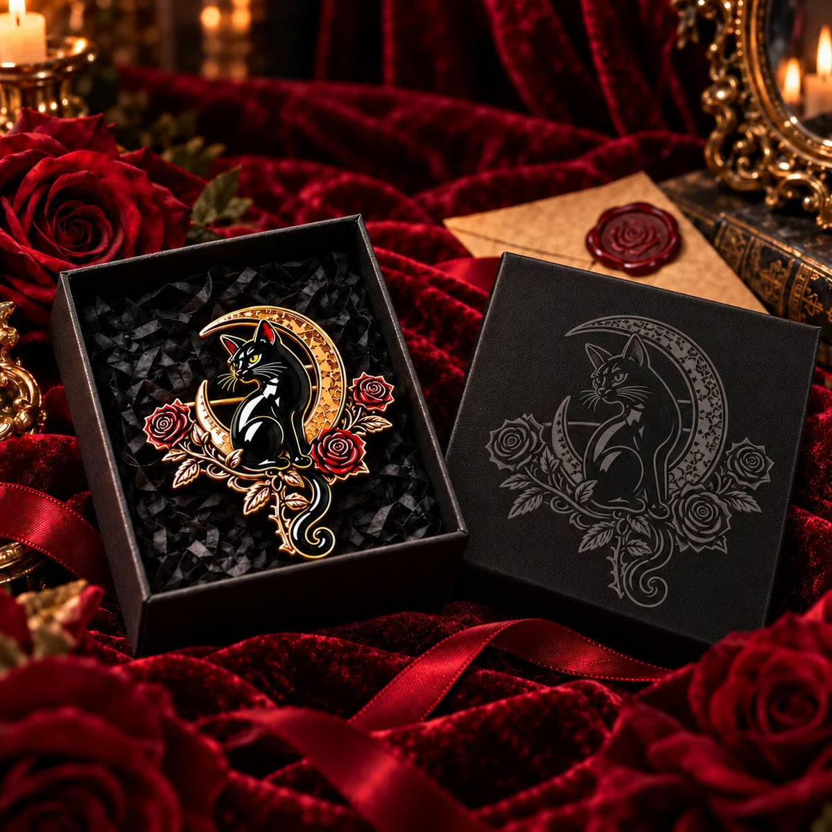 🐈‍⬛ Last Day 50% OFF✨-🌙 Gothic Black Cat Crescent Moon Rose Brooch 🖤