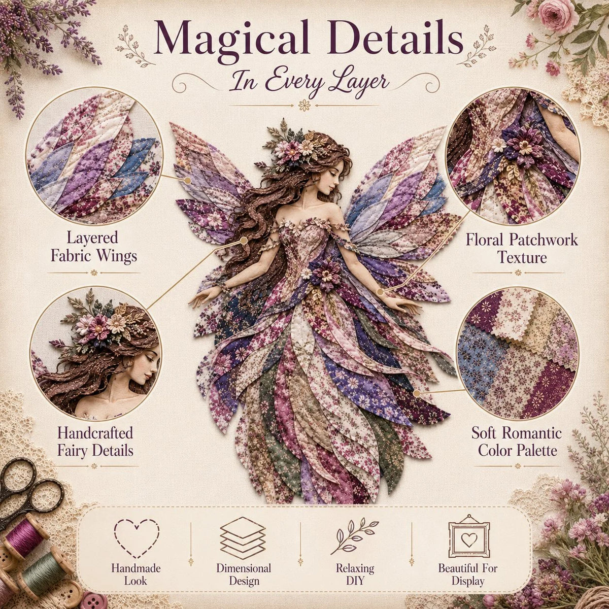 ⏰Last day Promotion 🔥-🧚Premium Fairy Patchwork DIY Kit for Whimsical Layered Fabric Art & Magical Floral Wall Decor 🌸