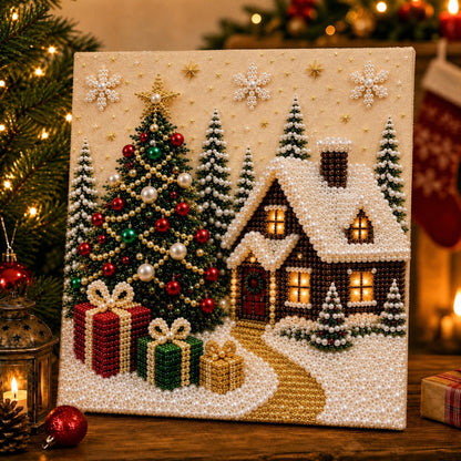 🎅 🎄 Premium 3D Pearl Christmas Wall Art Kit | Luxury Flocked Canvas with Scratch-Resistant Non-Fading Pearl Beads DIY Holiday Decor⛄️❄️