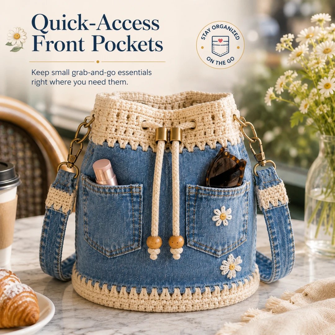 ✨ Hot Sale 50% -✨👜Handmade Denim Crochet Bucket Bag
