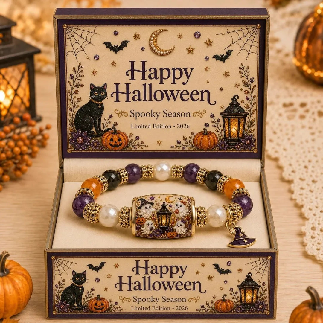 ⏰Last day Promotion 🔥-🎃 Halloween Beaded Bracelet – Black Cat & Pumpkin Charm Spooky Season Jewelry Gift