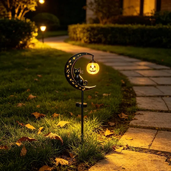 🎃 Solar Halloween Black Cat & Pumpkin Moon Garden Light ✨