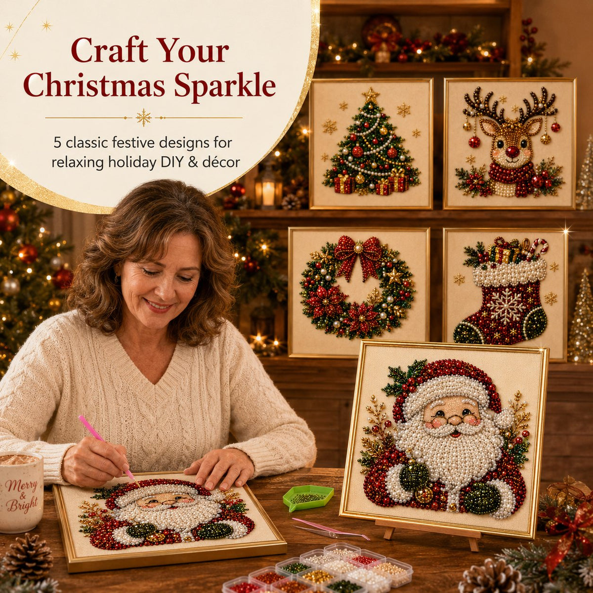 DIY Christmas Pearl Diamond Painting Art Kit With Frame Relaxing & Beginner-Friendly