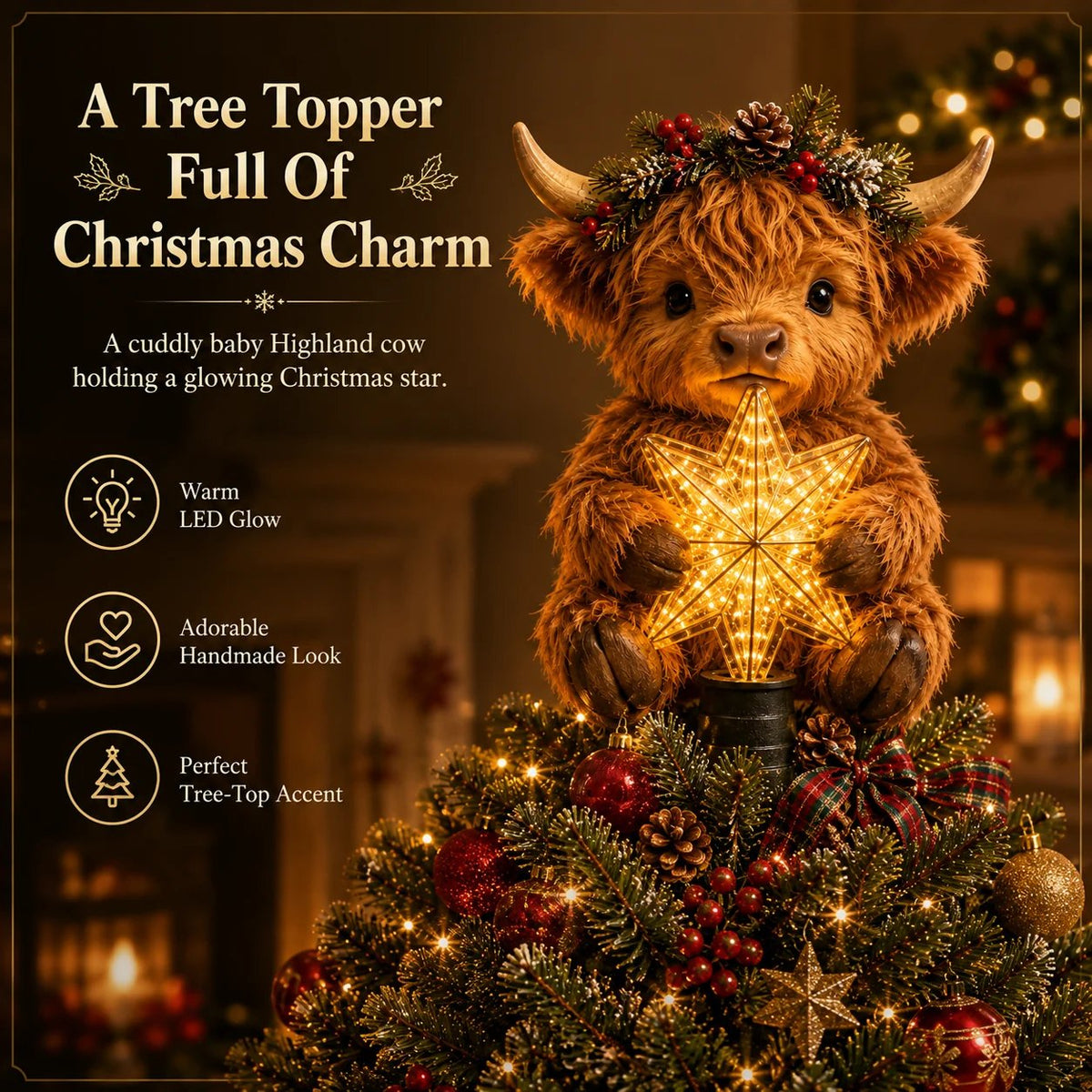 🎄 Last Day 50% OFF✨-🐮Baby Highland Cow Glowing Star Tree Topper for Magical Christmas Decor ✨