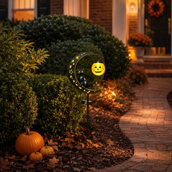 🎃 Solar Halloween Black Cat & Pumpkin Moon Garden Light ✨