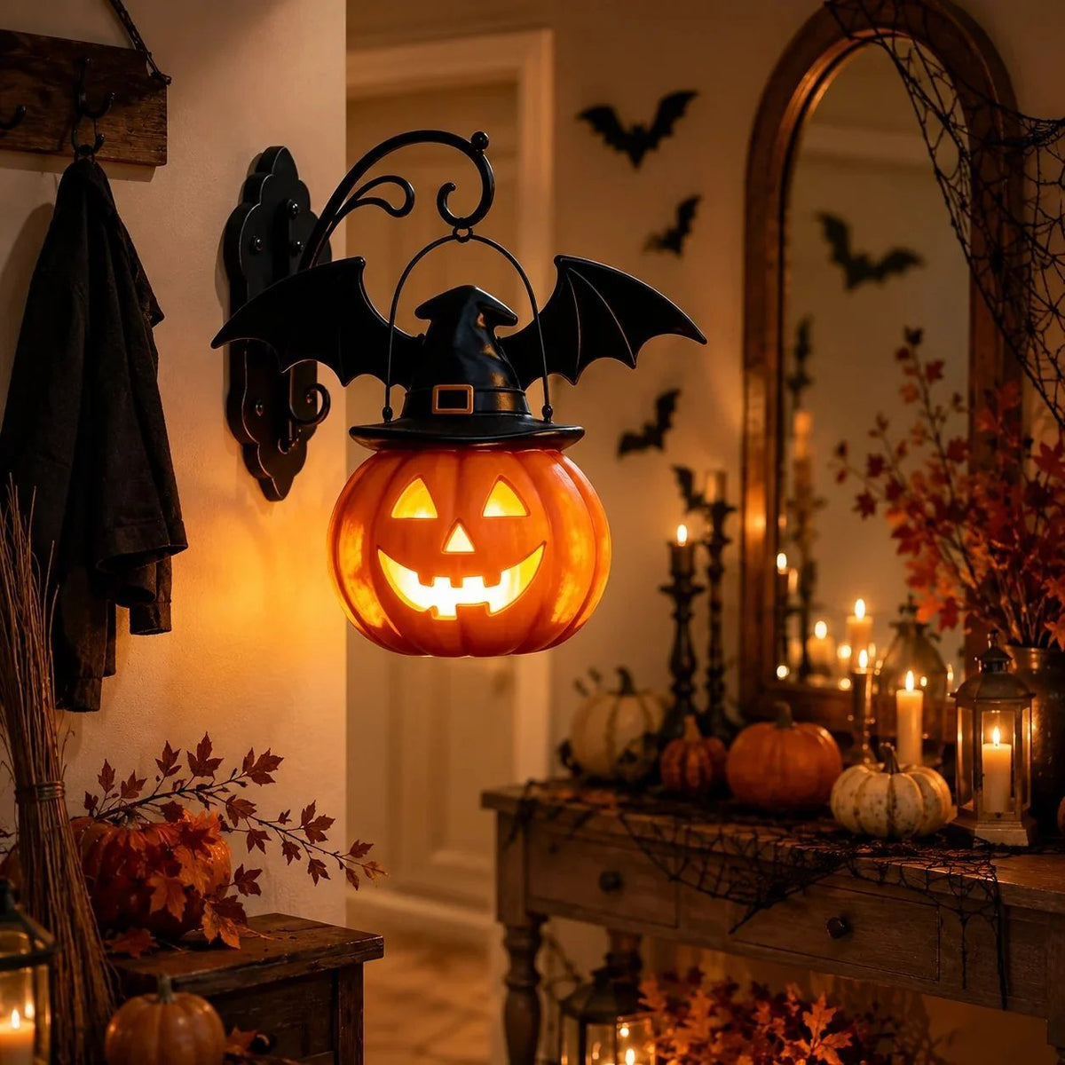 🎃Last Day 50% OFF✨-🦇Bat Hat Pumpkin Wall Lamp for Spooky, Cozy & Festive Home Decor 👻