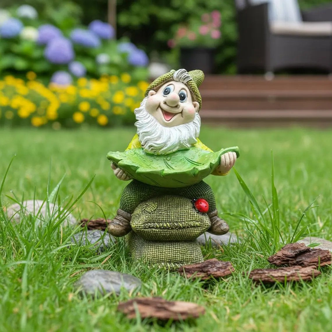 Birdie Butler Gnome — Whimsical Leaf Feeder Garden Statue