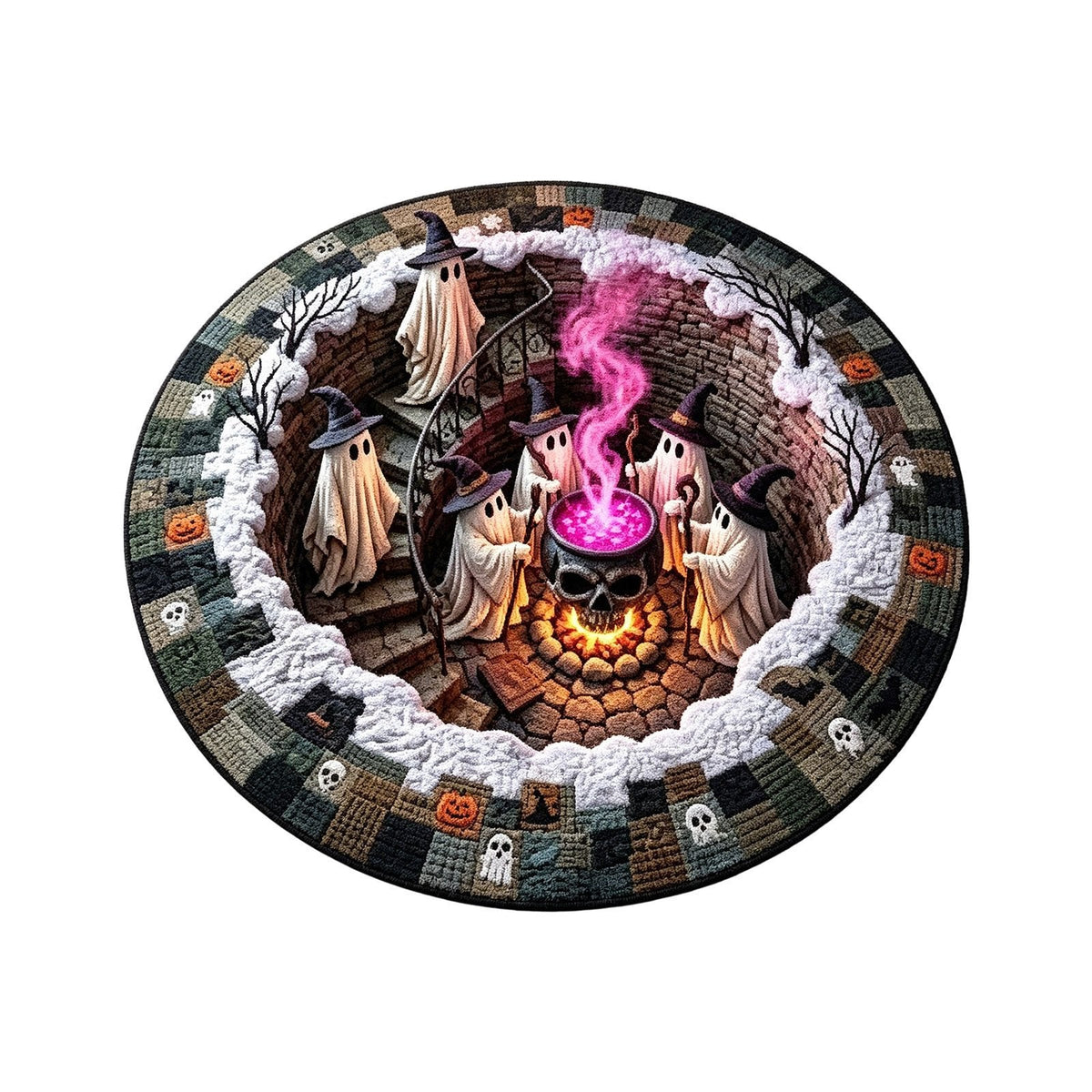 🔥3D Haunted Staircase Round Rug – Spooky Halloween Optical Illusion👻