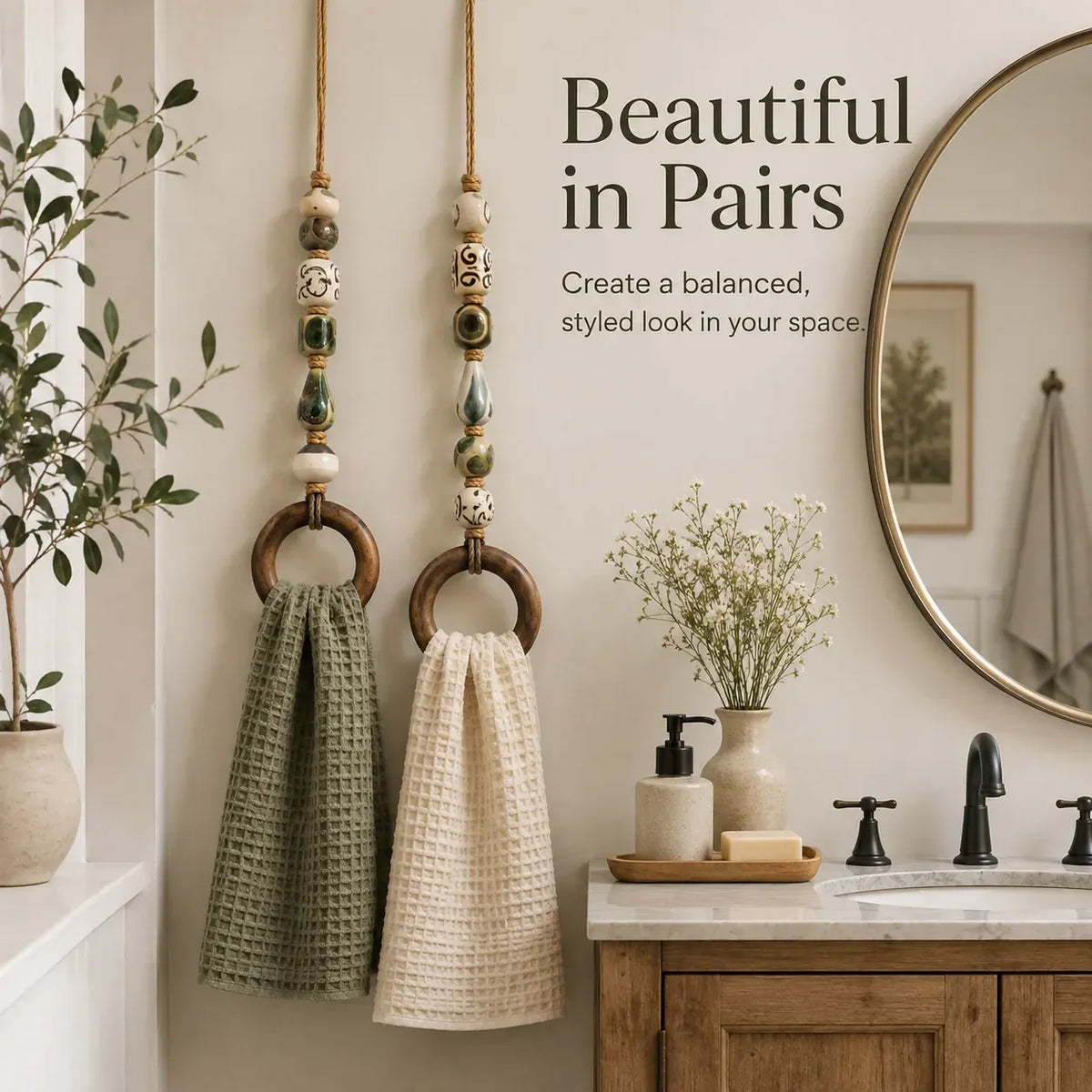 🏠Last day Promotion 🔥-🧺Beaded Towel Hanger with Wooden Ring for Stylish & Easy Bathroom Decor ✨