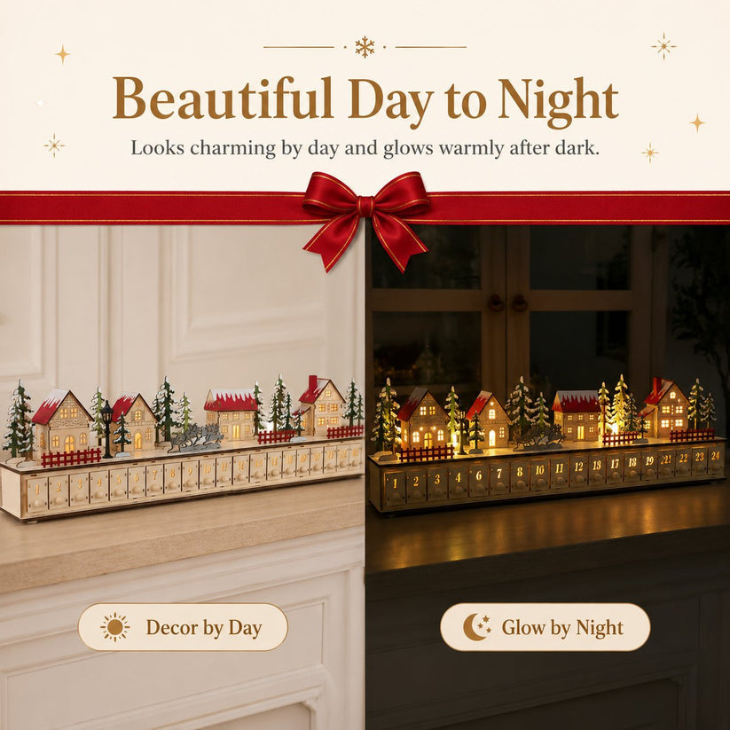 🔔 Last Day 50% OFF✨-🎄Wooden Village Advent Calendar with LED Glow for Cozy Christmas Countdown Fun 🏠