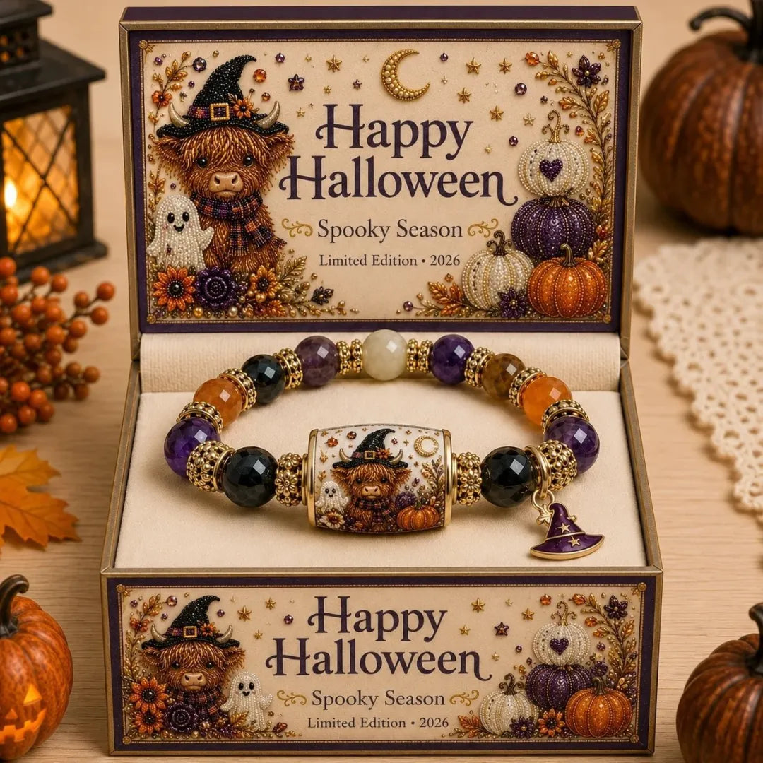 ⏰Last day Promotion 🔥-🎃 Halloween Beaded Bracelet – Black Cat & Pumpkin Charm Spooky Season Jewelry Gift