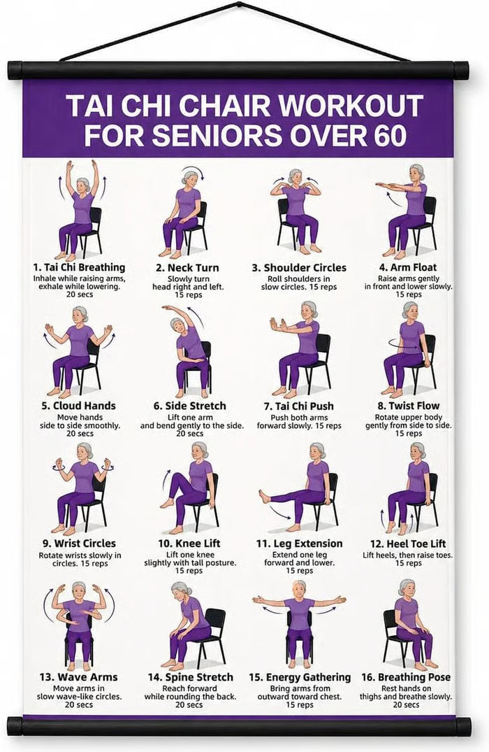 Senior Wellness Exercise Poster – 16-Step Chair Tai Chi Routine for Daily Mobility