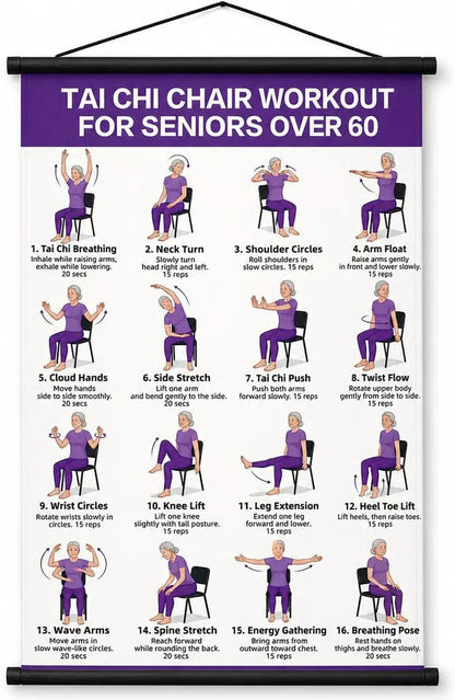 Senior Wellness Exercise Poster – 16-Step Chair Tai Chi Routine for Daily Mobility