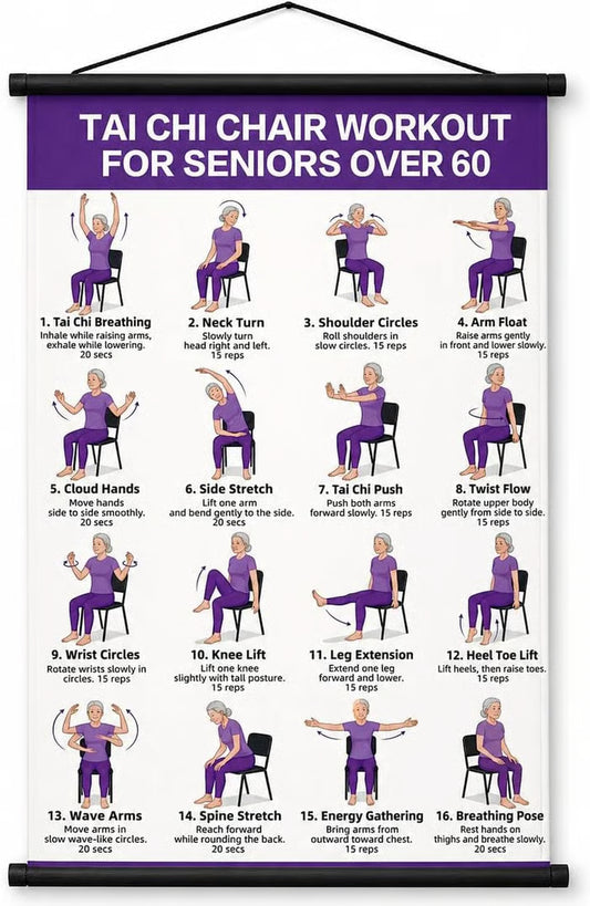 Senior Wellness Exercise Poster – 16-Step Chair Tai Chi Routine for Daily Mobility