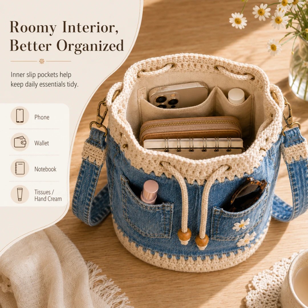 ✨ Hot Sale 50% -✨👜Handmade Denim Crochet Bucket Bag