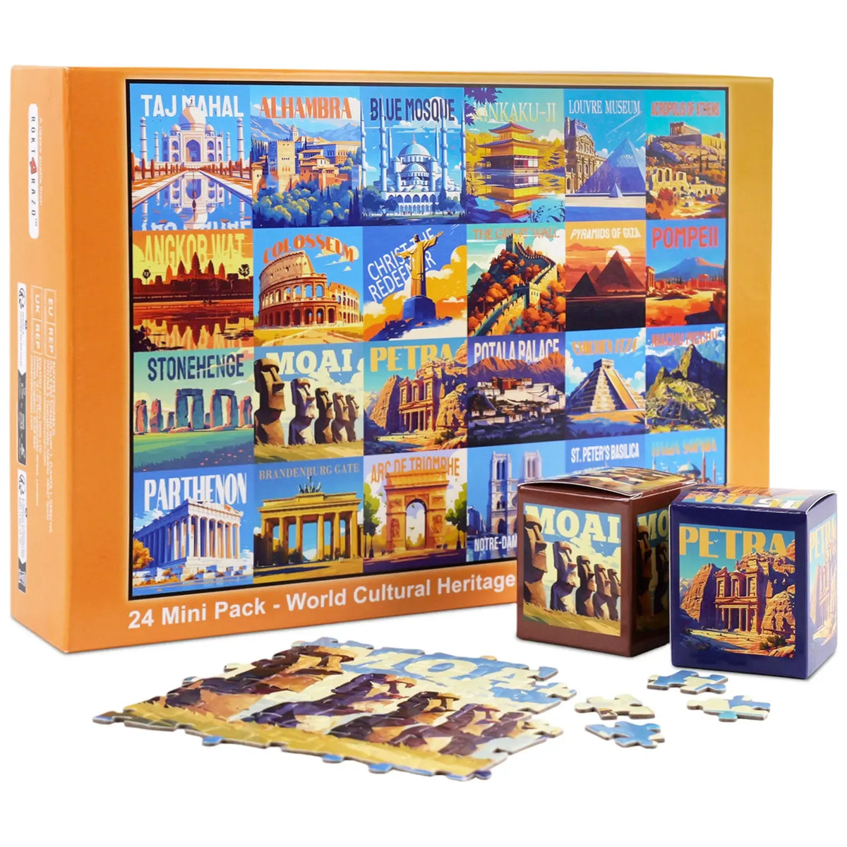 Travel Series, 24 Mini Pack 1000 Pieces Jigsaw Puzzle, 8 Puzzle Stickers, 3 Themes: National Parks, World Heritage, Global City Tour