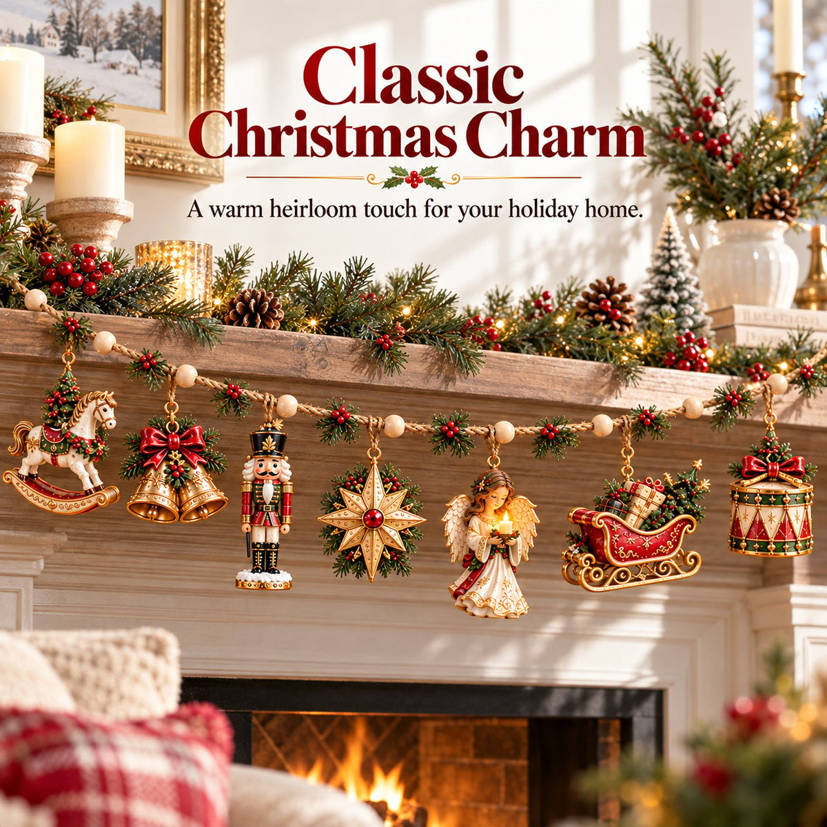7-Piece Vintage Christmas Garland |Removable 3D Ornaments