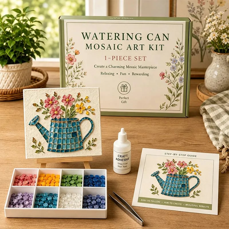 🌿Watering Can Mosaic Art Kit | Beginner-Friendly Floral DIY Craft with Vibrant Mosaic Beads & Sturdy Display Base✨