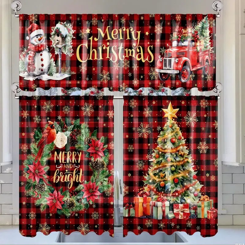 🎄Festive Christmas Kitchen Curtain Set – 3-Piece Holiday Window Decor🏡