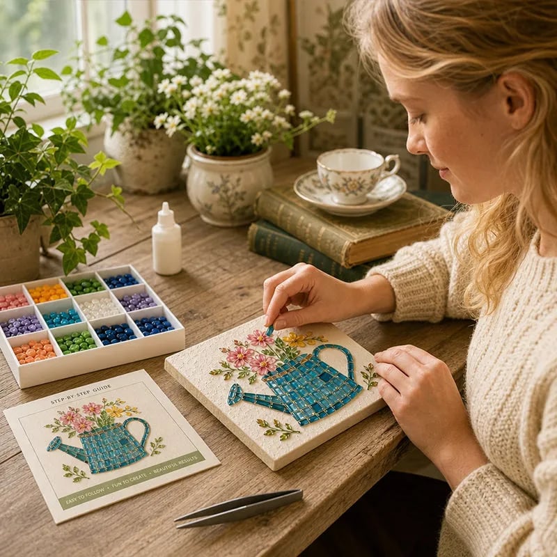🌿Watering Can Mosaic Art Kit | Beginner-Friendly Floral DIY Craft with Vibrant Mosaic Beads & Sturdy Display Base✨