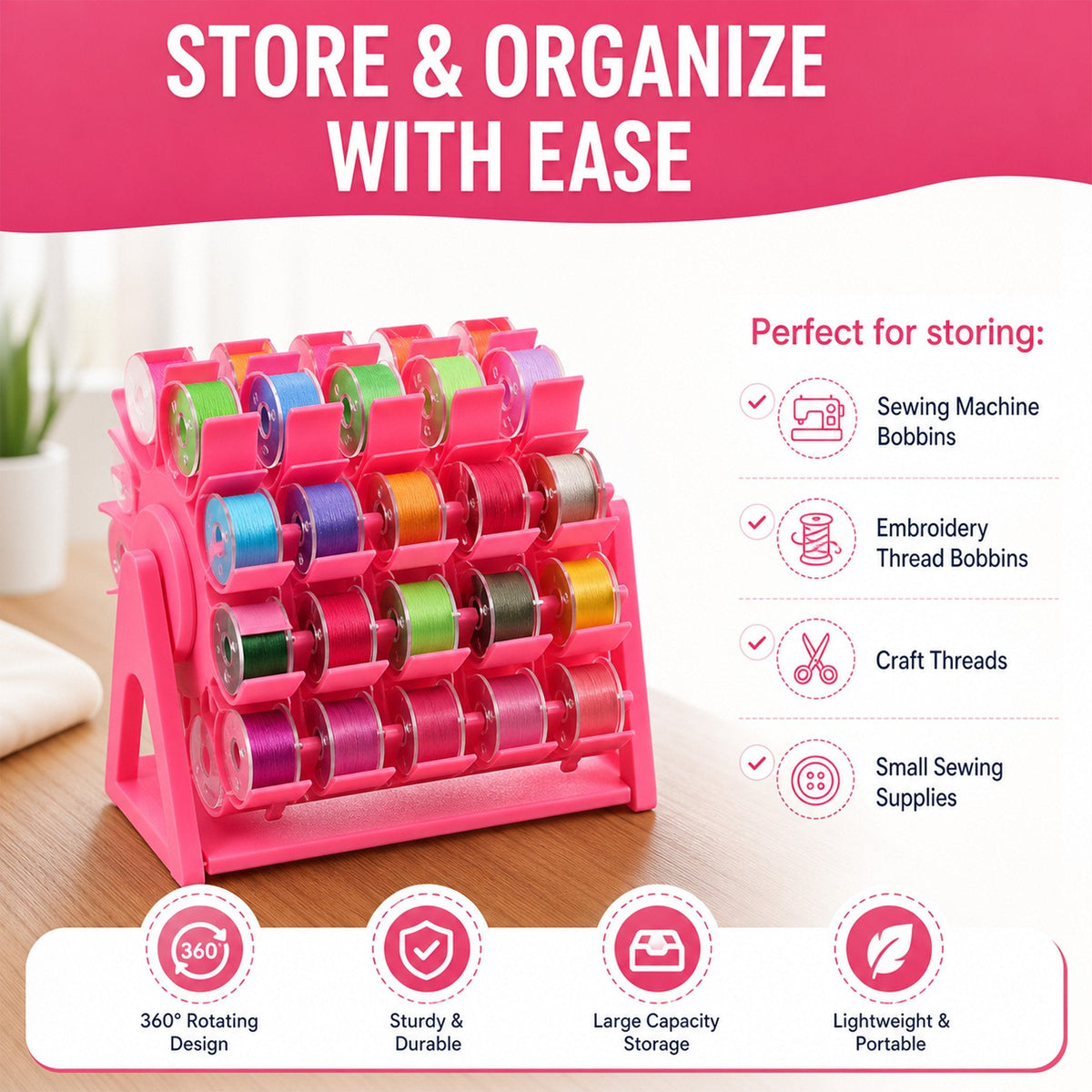 🧵360° Rotating Bobbin Organizer – Holds 60 A-Size Bobbins