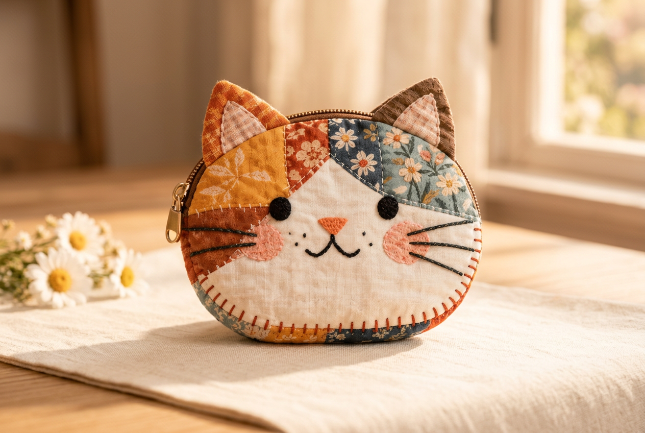 Floral patchwork cat coin pouch on a softly styled tabletop