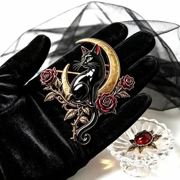 🐈‍⬛ Last Day 50% OFF✨-🌙 Gothic Black Cat Crescent Moon Rose Brooch 🖤