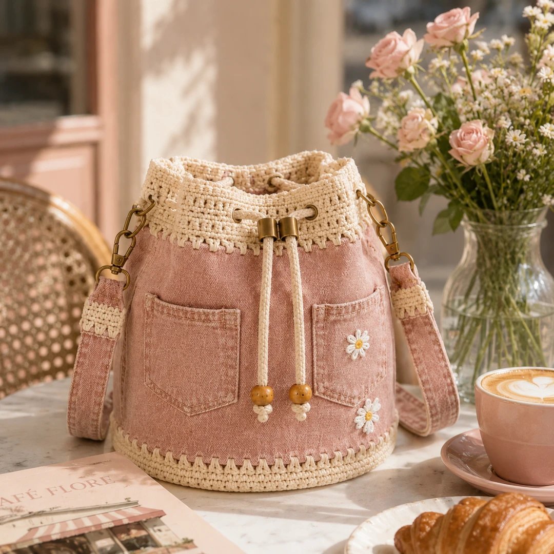 ✨ Hot Sale 50% -✨👜Handmade Denim Crochet Bucket Bag