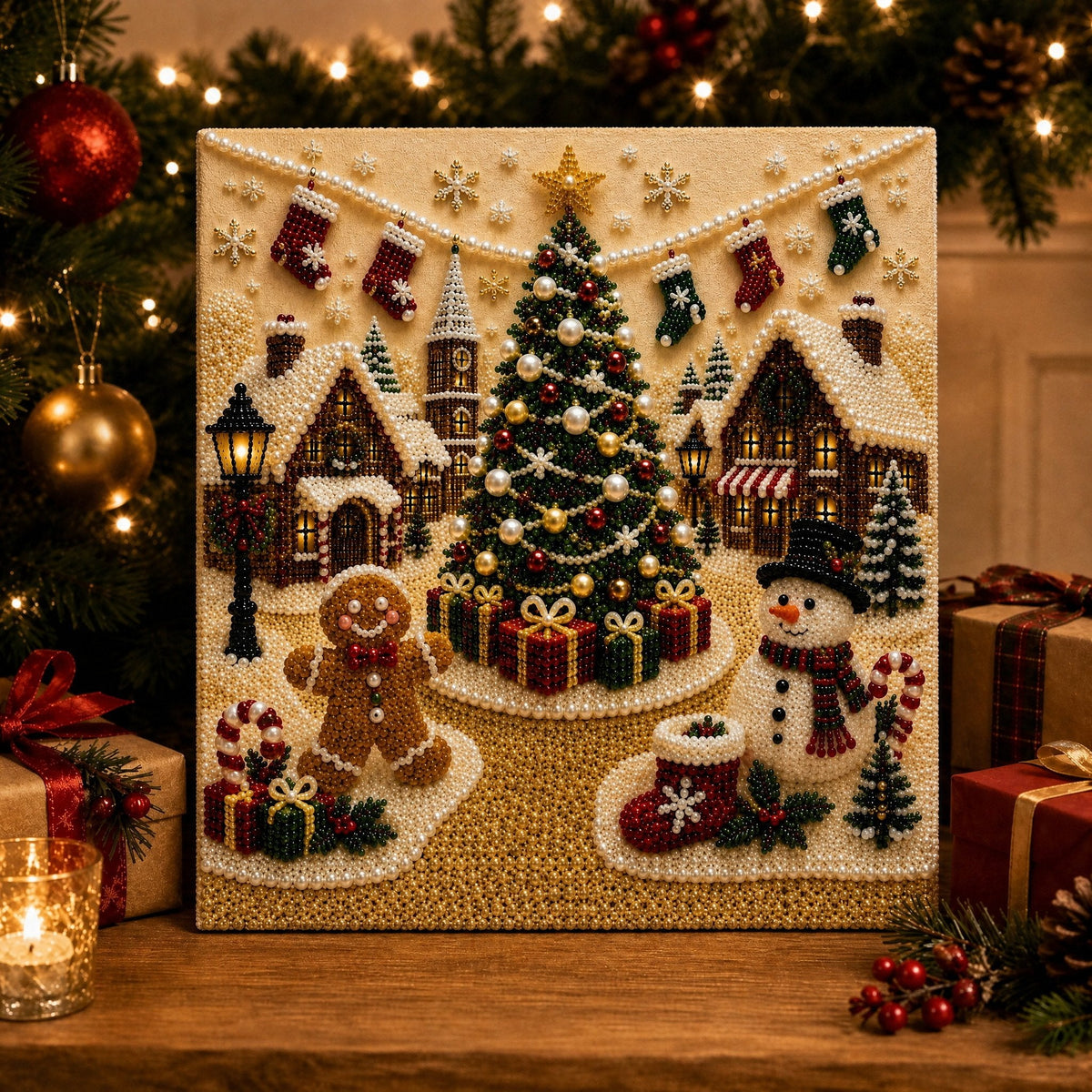 🎅 🎄 Premium 3D Pearl Christmas Wall Art Kit | Luxury Flocked Canvas with Scratch-Resistant Non-Fading Pearl Beads DIY Holiday Decor⛄️❄️
