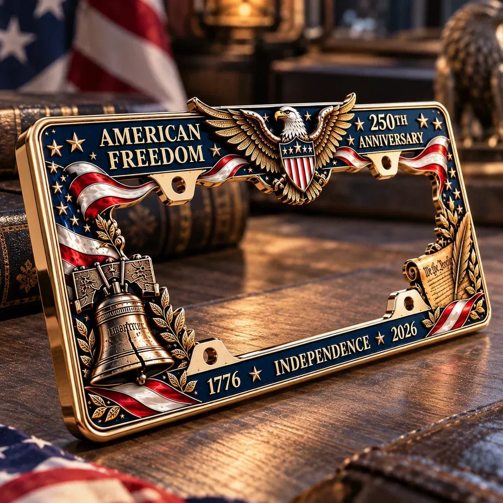 Close-up of the decorative America 250 eagle license plate frame